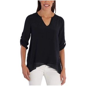 Black Blouse Top Fever Roll Tab Sleeve NWT